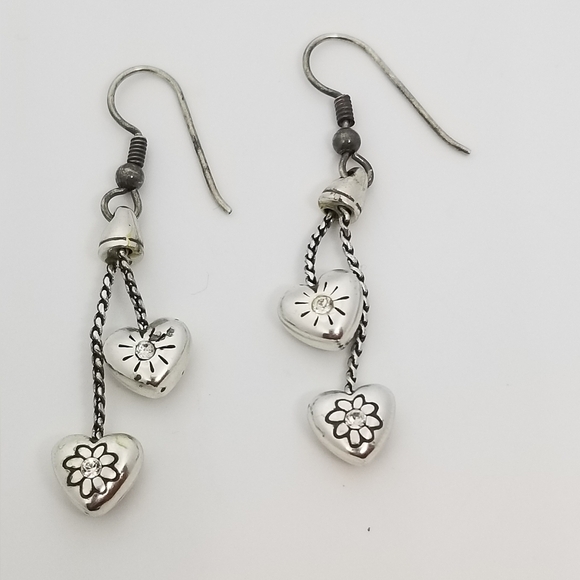 Brighton Jewelry - BRIGHTON RETIRED SILVERTONE FLOWER HEART WITH CRYSTALS DROP EARRINGS
